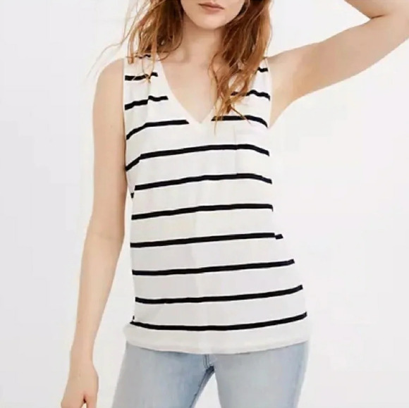 Madewell Whisper Cotton V-Neck Pocket Tank Top Preppy‎ Stripe Bright Ivory Small - Picture 1 of 6